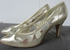 Vtg 80s 90s Stuart Weitzman Spain Gold Leather Mesh Evening Cocktail Heels 7.5B