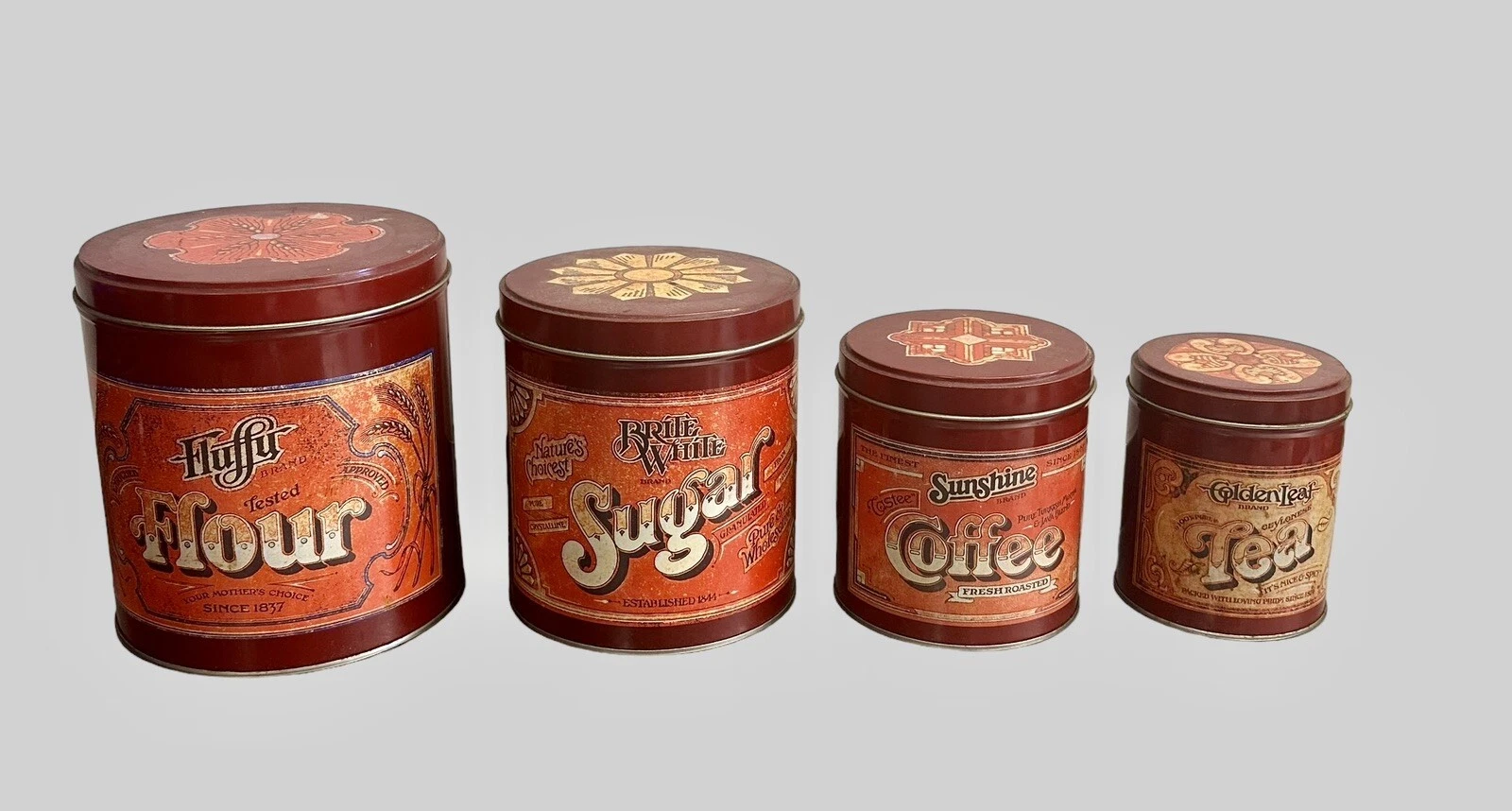 Super Mid Century 1970s Tea Coffee Sugar Flour Cannisters Storage Tins Set of 4