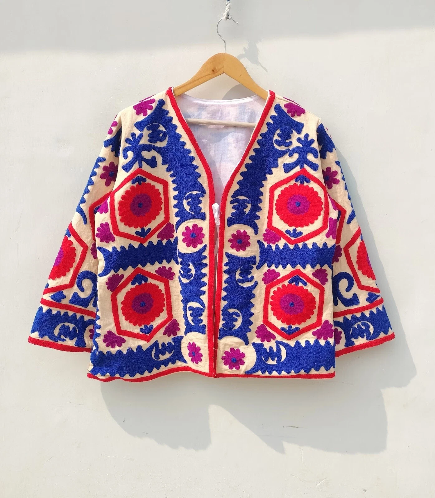 Indian Handmade Beige Suzani Floral Cotton Unisex Jacket Womens Clothing Jacket