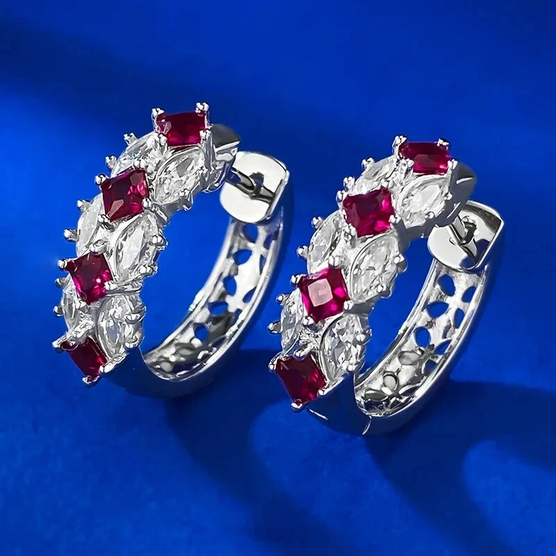 2Ct Princess Cut Lab-Created Red Ruby Huggie Hoop Earrings 14K White Gold Plated - Image 4 of 4