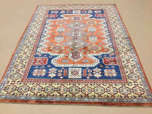 5'.0" X 6'.9" Rust Light Green Fine Geometric Oriental Area Wool Rug HandKnotted - Picture 2 of 12