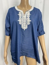 Treasures Of Morocco Tunic Top Womens M Chambray Embroidered 3/4 Sleeve Shirt