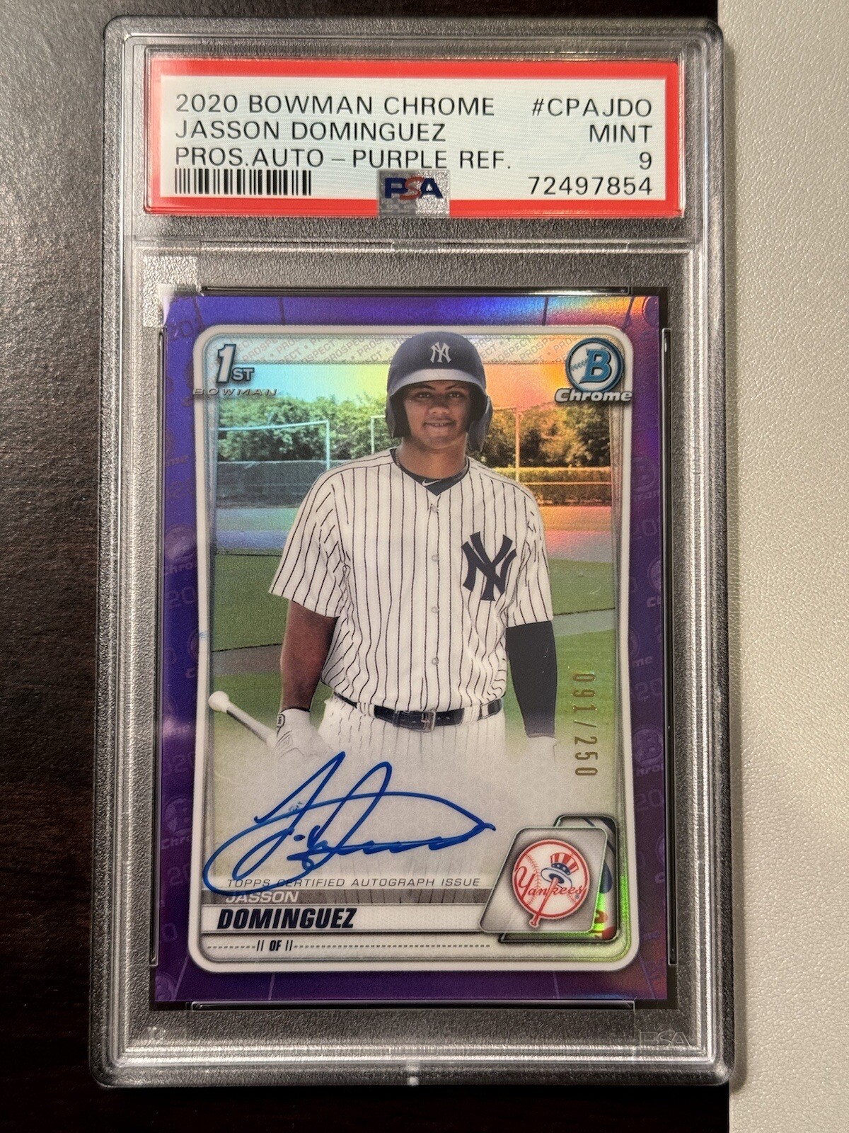 2020 BOWMAN CHROME Jasson Dominguez PURPLE AUTO REFRACTOR #/250 Mint PSA 9