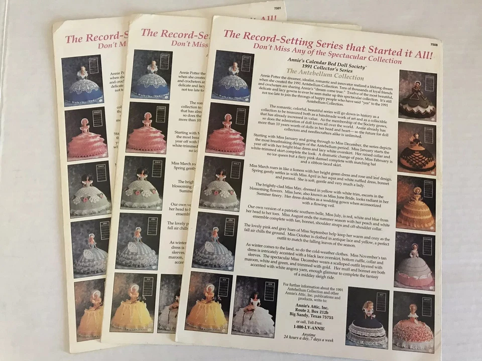Lot of 3 Annie Potter 1992 Calendar Bed Doll Society Crochet Cotillion Patterns - Image 2 of 3