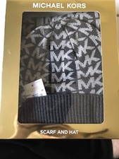 MICHAEL KORS DARK GRAY AND SILVER METALLIC BEANIE AND SCARF SIGNATURE LOGO SET
