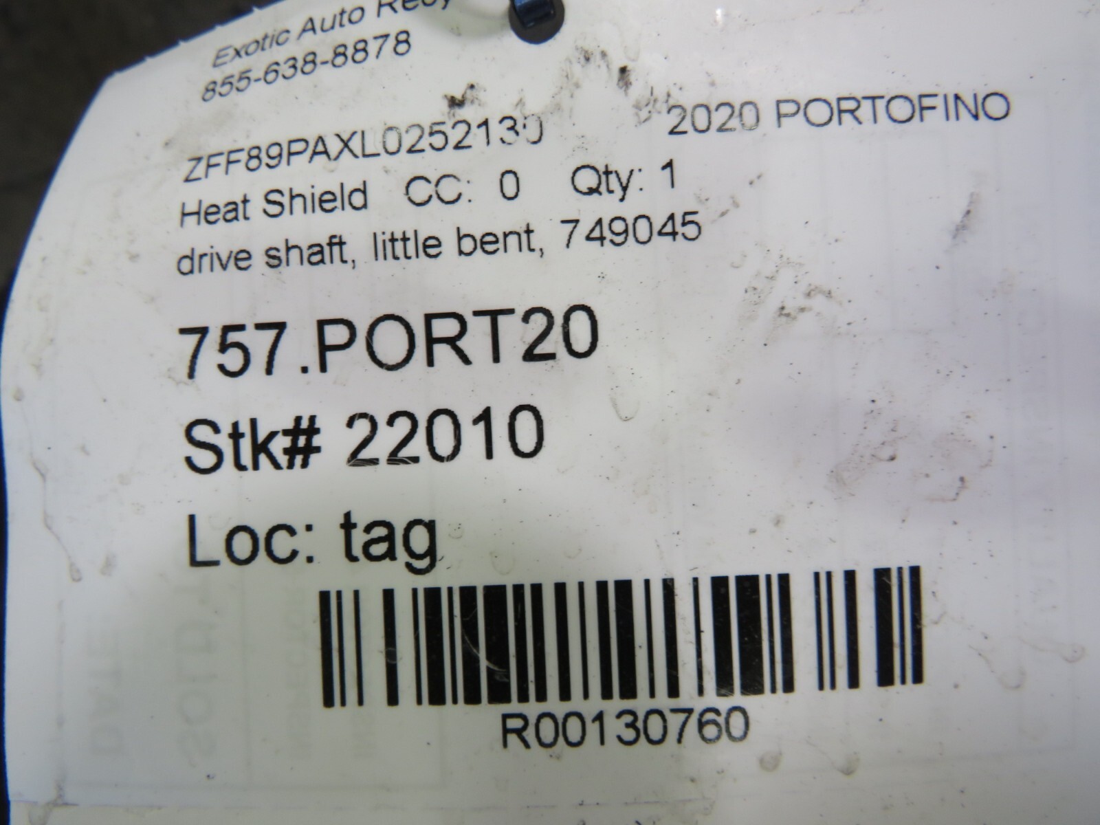 Ferrari Portofino, Drive Shaft Heat Shield, Bent, Used, P/N 749045