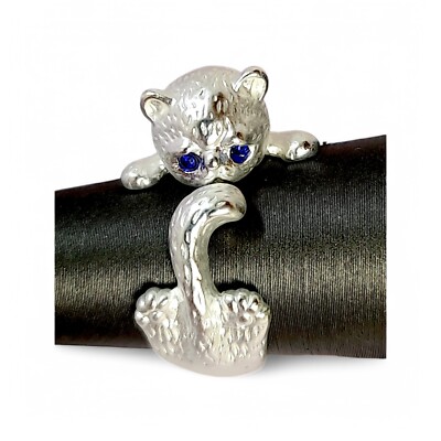 Sterling Silber 925 blaue Augen Kätzchen Katze Umarmung Ring Größe 7,5