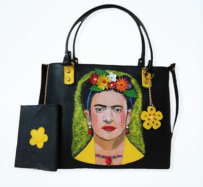 Women leather bag Frida handmade italy hand painted handbag flowers bag Black