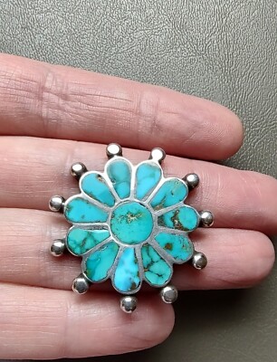 Exceptional Vtg c.1950 Zuni Handmade Sterling Silver Turquoise Inlay Pin Brooch