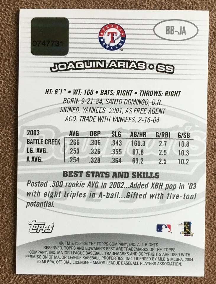 Joaquin Arias 2004 Bowman's Best Autograph Rookie #BBJA Texas Rangers First Year - Image 2 of 2