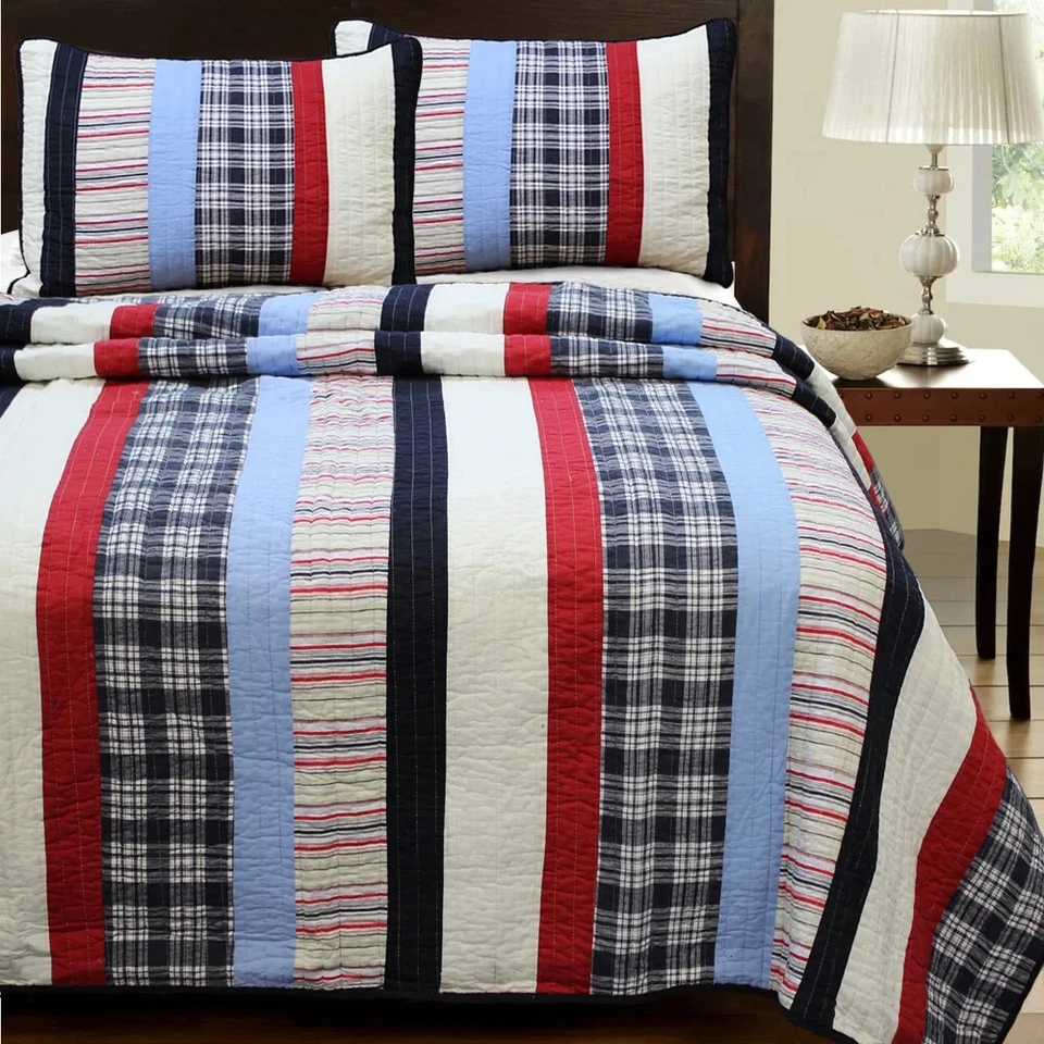 ¡NUEVO! ~ ACOGEDOR JUEGO COMPLETO DE EDREDÓN CLÁSICO A CUADROS ROJO AZUL BLANCO MARINO RETAZOS QUEEN Foto 3 de 4