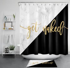 Funny Words Marble Texture Black White Shower Curtain Bathroom Accessories Set