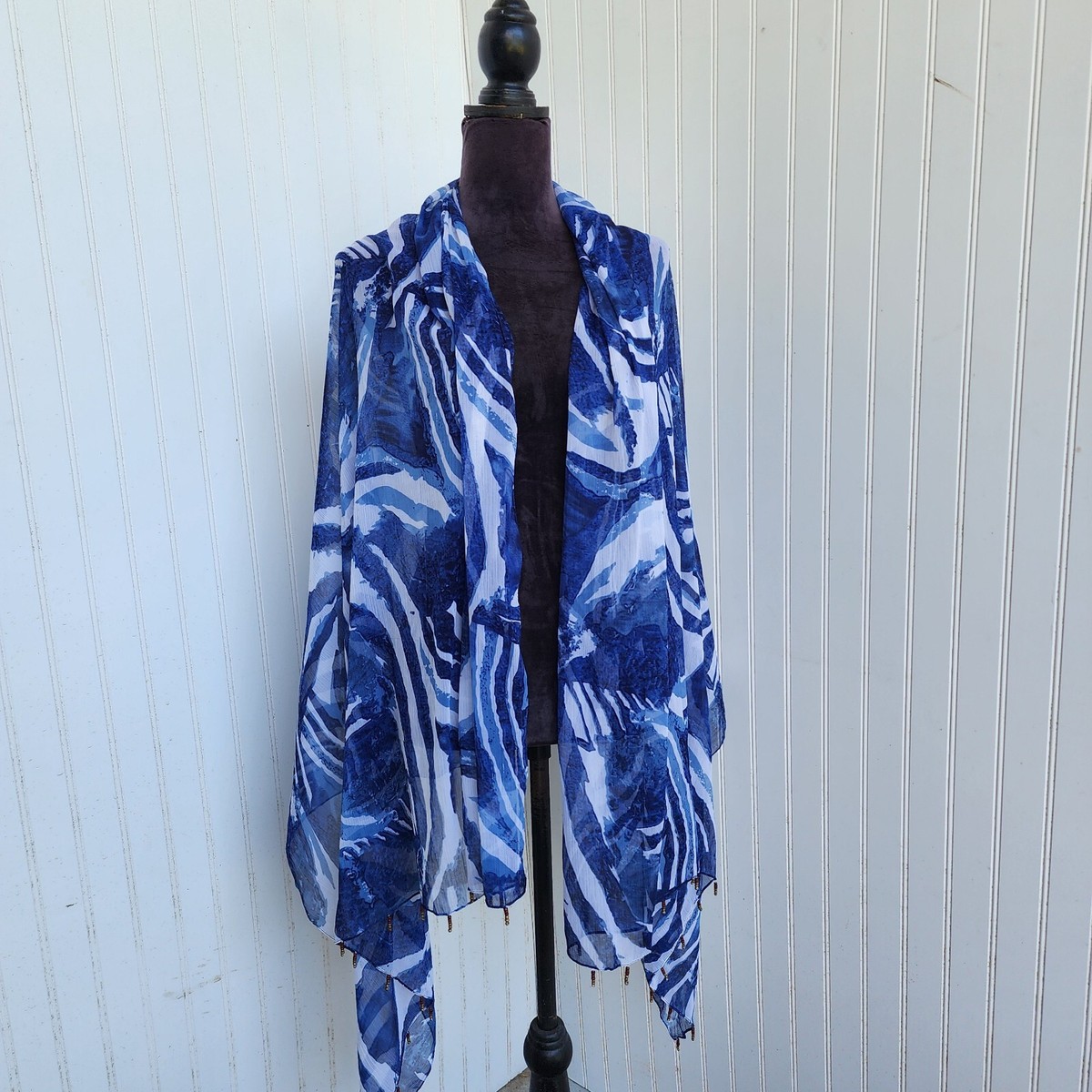 Blue Navy Beaded Sarong Wrap Scarf Beach Swim Cover-Up 42”x 72” - Main Image