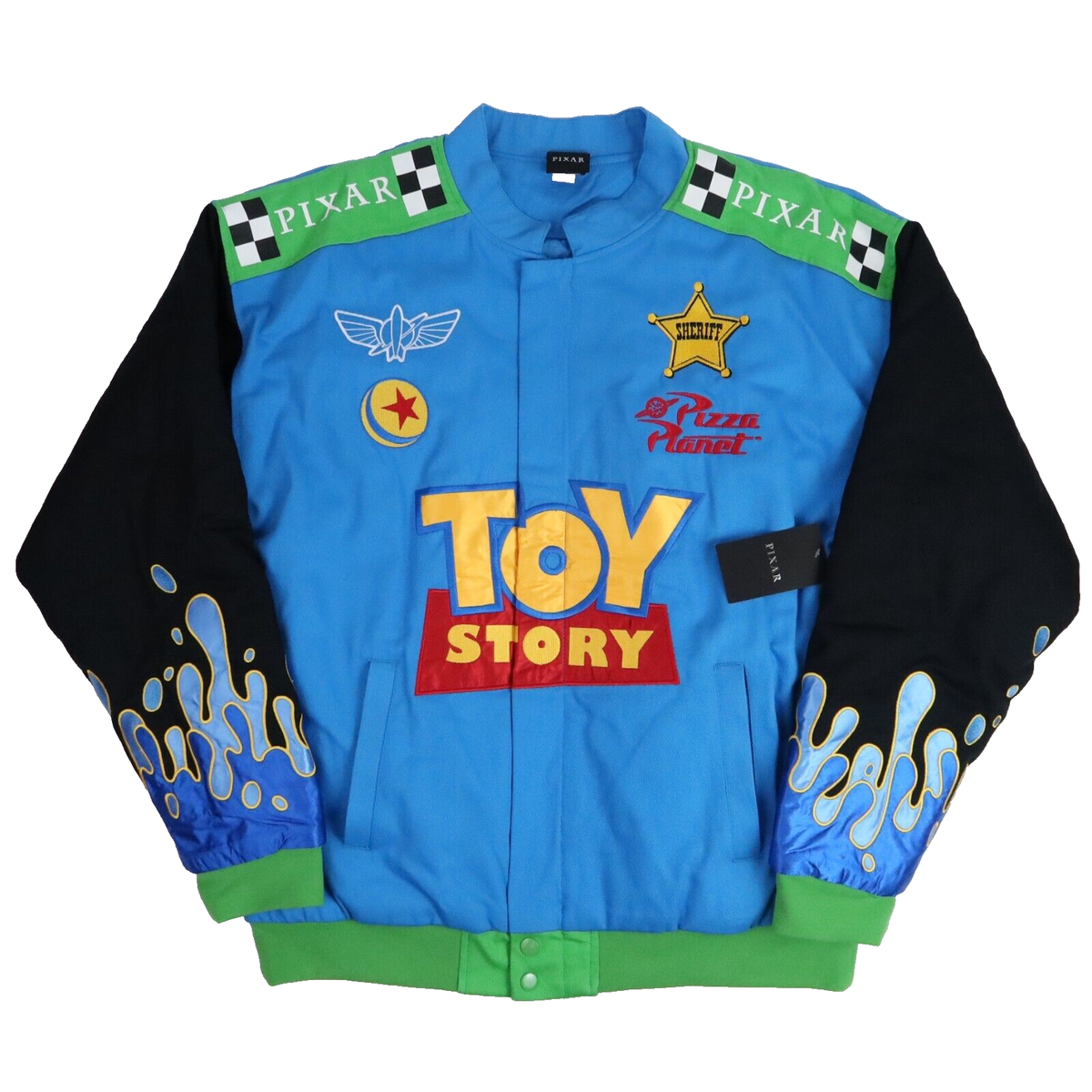 Disney Toy Story Racing Jacket Coat Medium Blue Woody Pizza Planet