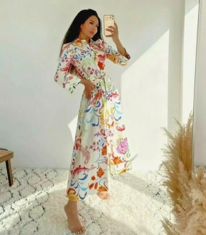 OFF WHITE ABITO CAMICIA ESTIVO MIDI ZARA OFF WHITE AVORIO STAMPA MULTI FLOREALE TAGLIA XS 8 36