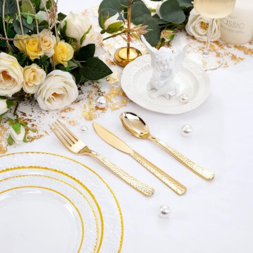 300PCS Gold Hammered Plastic Silverware - Heavy Duty Plastic Cutlery ... - Picture 8 of 8