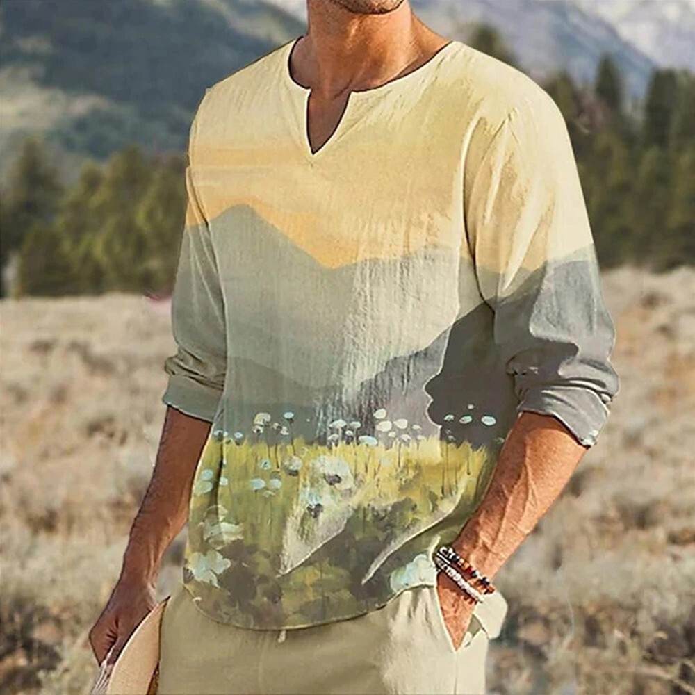 Chemise Henley Vintage Pour Homme - Style Hippie Tie-Dye, Coupe Côtelée, Cordon De Serrage - 100% Coton