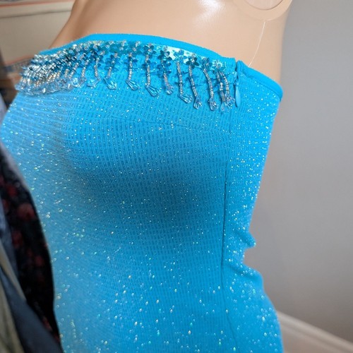 Vintage 90s Y2K Gunne Sax Strapless Prom Dress Midi Blue Glitter Tassel Fringe 5 - Picture 13 of 15
