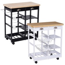 Carrello da Cucina con Ruote Cassetti e Portabottiglie in Legno