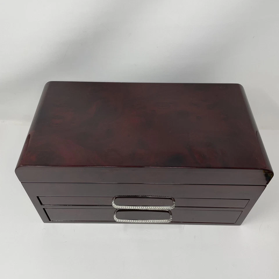 Wood Jewelry Box 2 Drawer Gloss Mahogany Quilted Lined Organizer Chest - Image 2 of 4