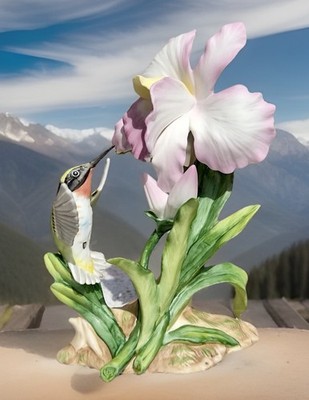 1885 HOMCO Masterpiece Bone China Hummingbird Pink Orchid Figurine Signed