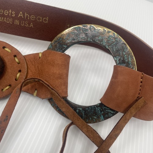 Streets Ahead Ledergürtel Damen mittelbraun Messing Patina Holz Boho USA 10075 - Bild 3 von 15