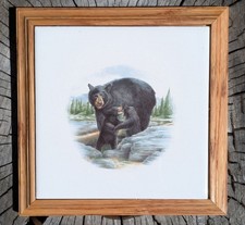 Vintage Ceramic Wood Trivet With Black Mama Bear And Cubs Playing, Cabin Decor