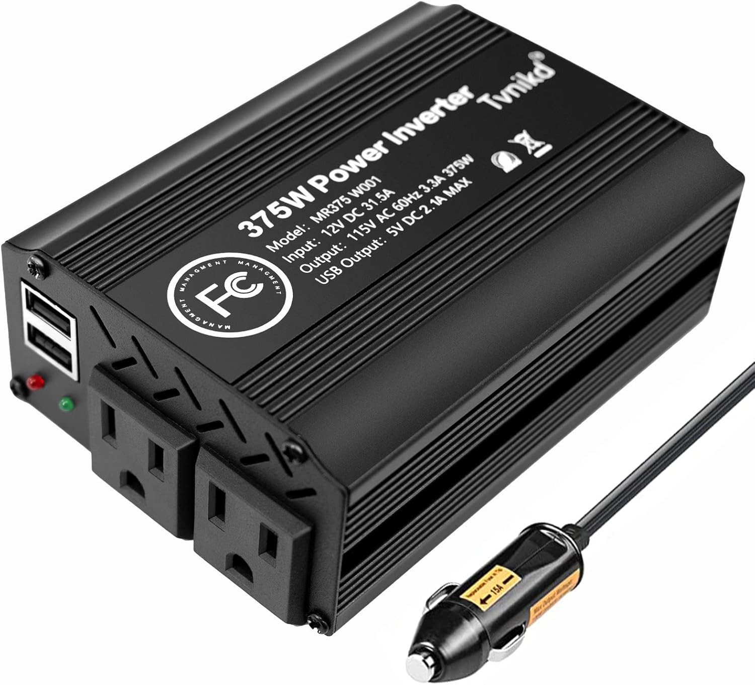 Power Inverter 12V to 110V DC to AC with Cigarette Lighter for 375W-Black