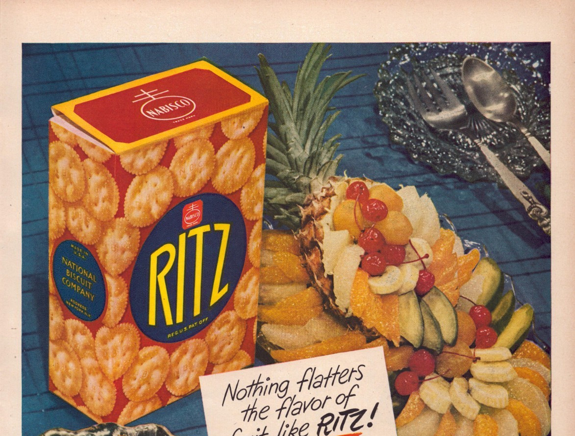 Ritz Crackers 1940s Vintage Print Ad Fruit Platter Snack Party Cracker 