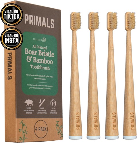 PRIMALS Boar Bristle & Bamboo Toothbrush (4-Pack) - Premium Bristles -...