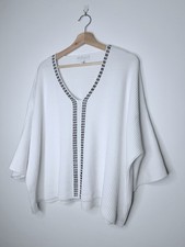 White Company Jumper Medium Women's White Ribbed Knit V Neck with Black Trim VGC