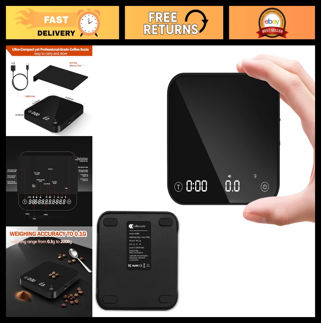 Precision Mini Coffee Scale with Timer, 0.1g-2000g Rechargeable Espresso Scale
