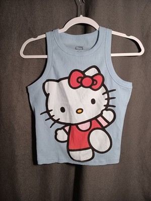 Hello Kitty Graphic Tank Top Small Light Blue Floral Cute Sanrio Sleeveless Tee