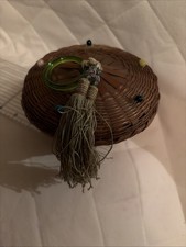 Vintage Chinese Wicker Round Sewing Basket Glass Ring Beads Coins Tassels  TB26