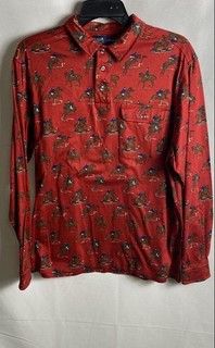 Vintage 90s Ralph Lauren Women's Long Sleeve Polo Red Equestrian Jump Print Sz L