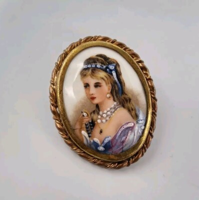Broche Vintage En Porcelaine De Limoges Et Laiton - Multicolore, Occasion