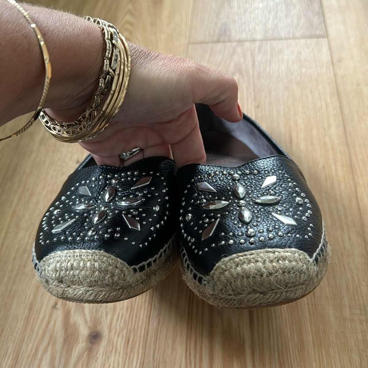 Brighton Womens Black Studded Leather Jett Espadrille Slip  display picture 1