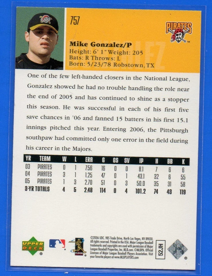 2006 Upper Deck Pittsburgh Pirates Baseball Card #757 Mike Gonzalez - Image 2 of 2
