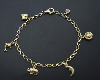 Echt 10K Gelbgold 7,5'' Herz Delphin Elefant Mond Sonne 3,2 g Kette Armband