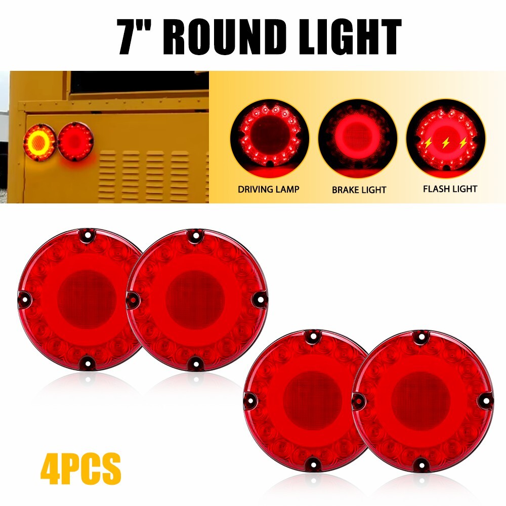 4x Red 7inch Round LED Trailer Truck Bus Tail Light Stop Turn Signal Brake M