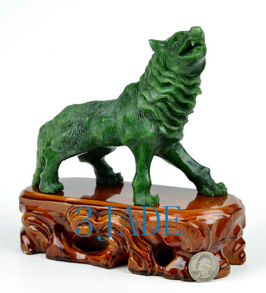 Green Nephrite Jade Wolf / Coyote Statue Detailed Carved Gemstone