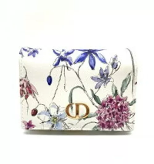 Portefeuille porte monnaie Christian Dior imprimé floral Caro XS cuir blanc authentique