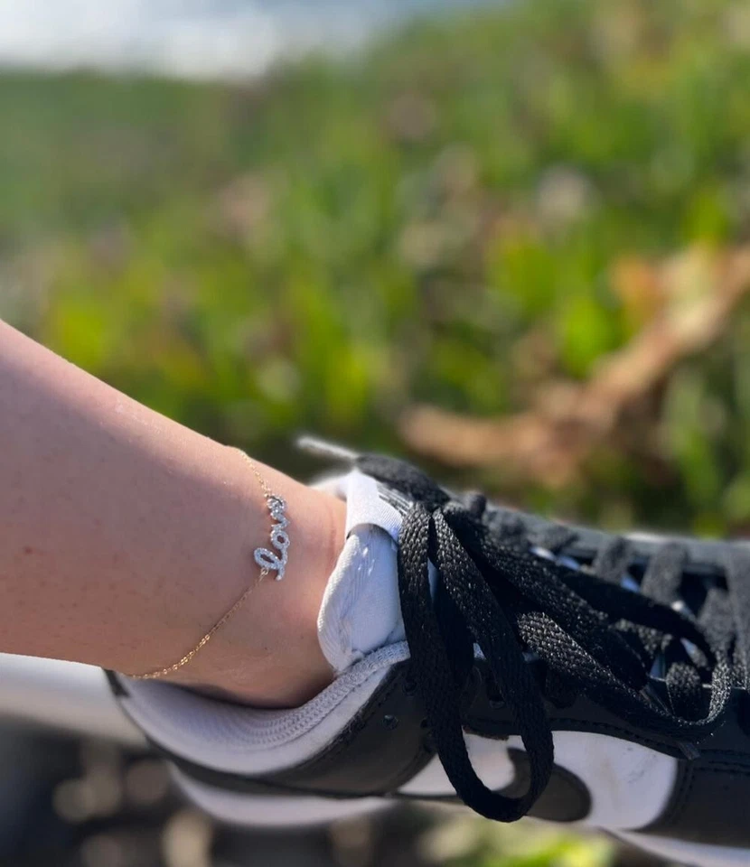 Pulsera tobillera de oro amarillo sólido real de 14k Love-Calcetín de Amor-CZ Piedra blanca Foto 2 de 4