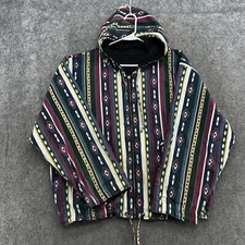 VTG Ride Jacket Men M Blue Tribal Aztec AOP Fullzip Lined Canvas Hooded Coat 90s