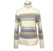 Aspen Mock Neck Nordic Knit White & Purple Stripe Pullover Winter Sweater sz S