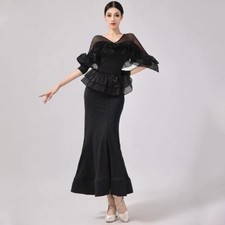 Ballroom Dance Dress Black Ruffled Tops Skirt Waltz Dance Performance Clothing