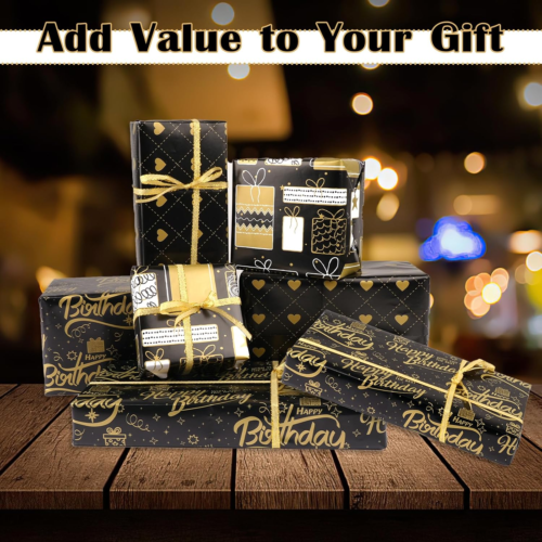Black Wrapping Paper, Birthday Wrapping Paper Gold, 6 Sheets 70X50Cm Black and G - Picture 5 of 12