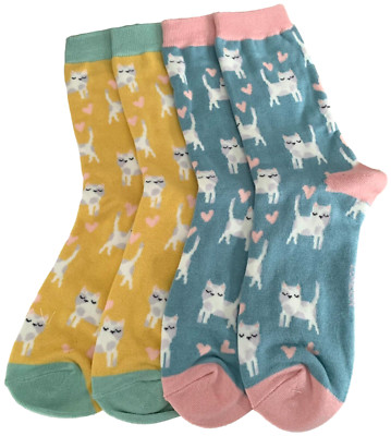 Katzen Socken Katze rosa Muster 2 Paar Pack blau gelb Liebe Herz süß Kätzchen Kätzchen