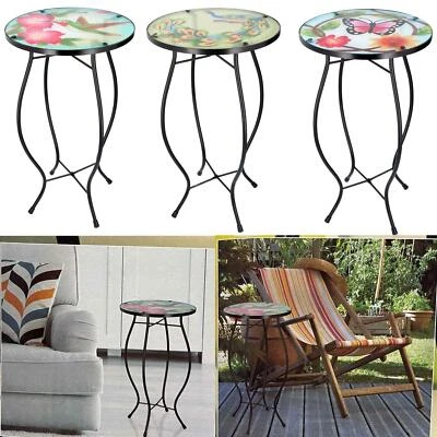 Round Side Coffee Patio Decor Table Mosaic Design Garden Flower Plant Iron/Glass