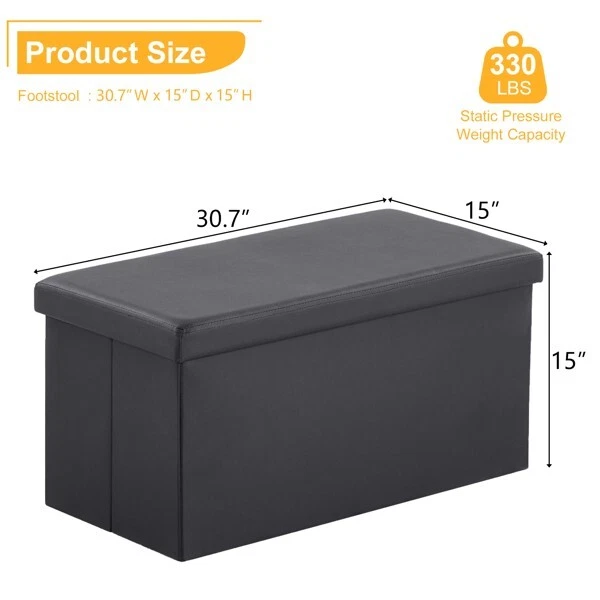 76*38*38cm Glossy PVC MDF Storage Footstool Ottoman Black - Fast & Free Delivery - Image 3 of 4